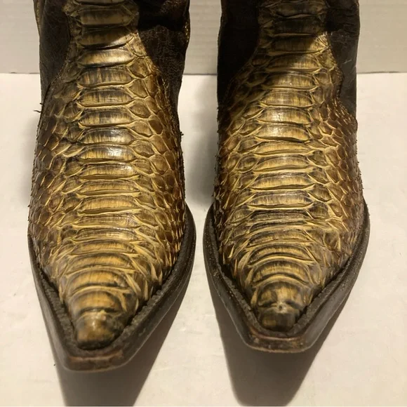 Women’s Brown Leather With Tan Python And Embroidery Pull On Cowboy Boots SZ 8.5 - Picture 6 of 11